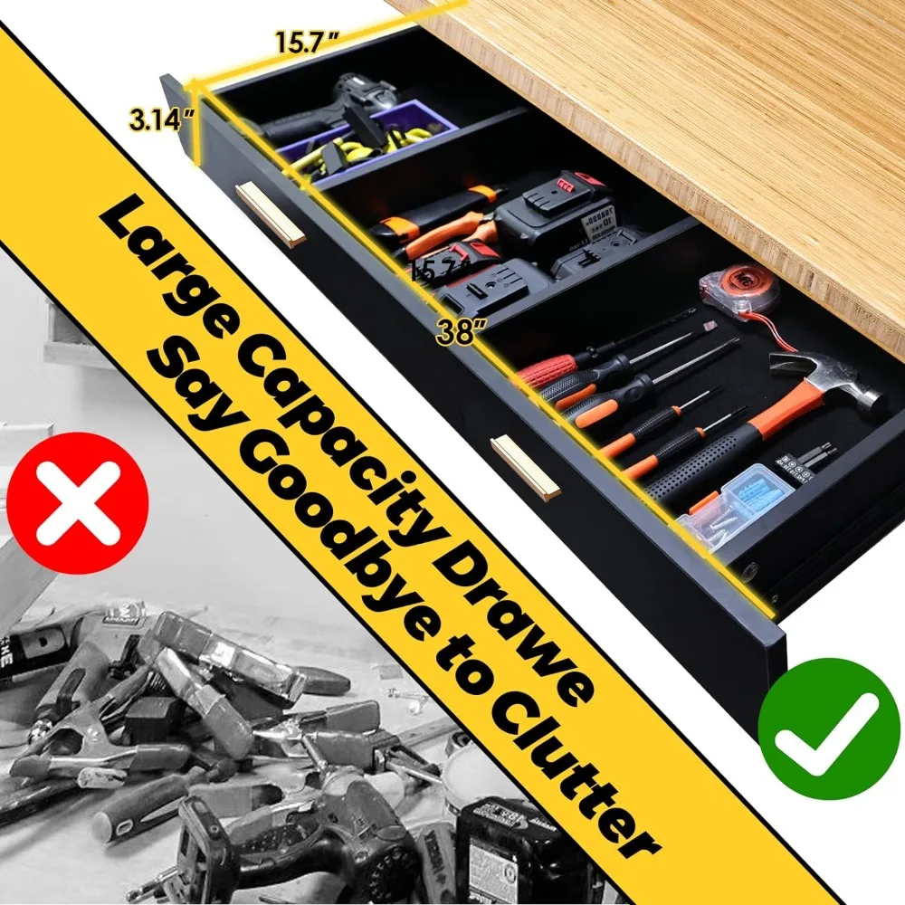 Work Bench, Workbench with Drawer, Power Outlet, Wheels, 59×23.6" Heavy Duty Adjustable Work Table for Garage, Workshop,