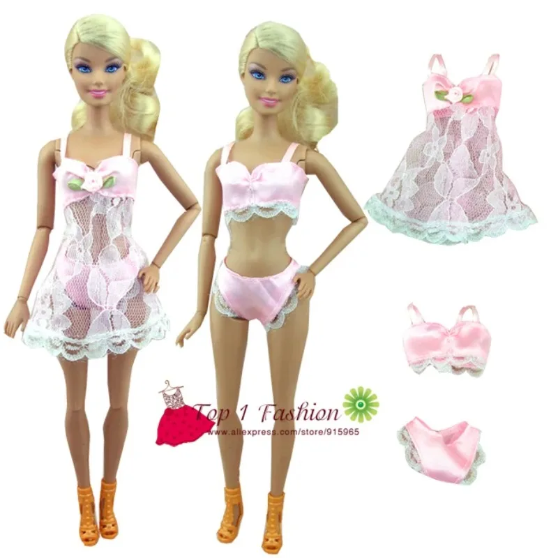 1Sets pink color Sexy Pajamas set Lingerie Nightwear Lace Night Dress + Bra + Underwear bikini Clothes For Barbie Doll