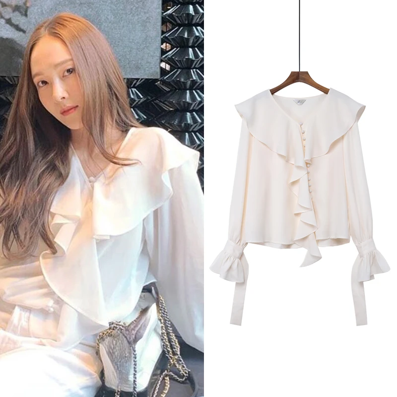 

Kpop Korean Star Women Ruffled V-Neck Solid Blouses French Long Flare Sleeve Casual Shirt Spring Button Loose Sweet Clothes