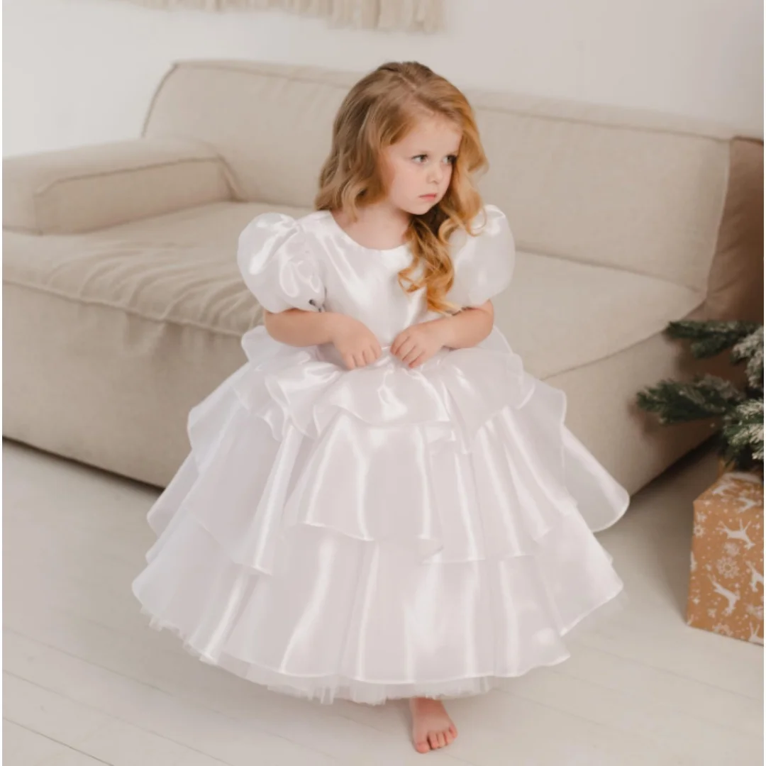 Puff Short Sleeve Tiered Ruffle Skirt Tulle Underskirt Kids Princess Gown First Communion Wedding Birthday Party Dress