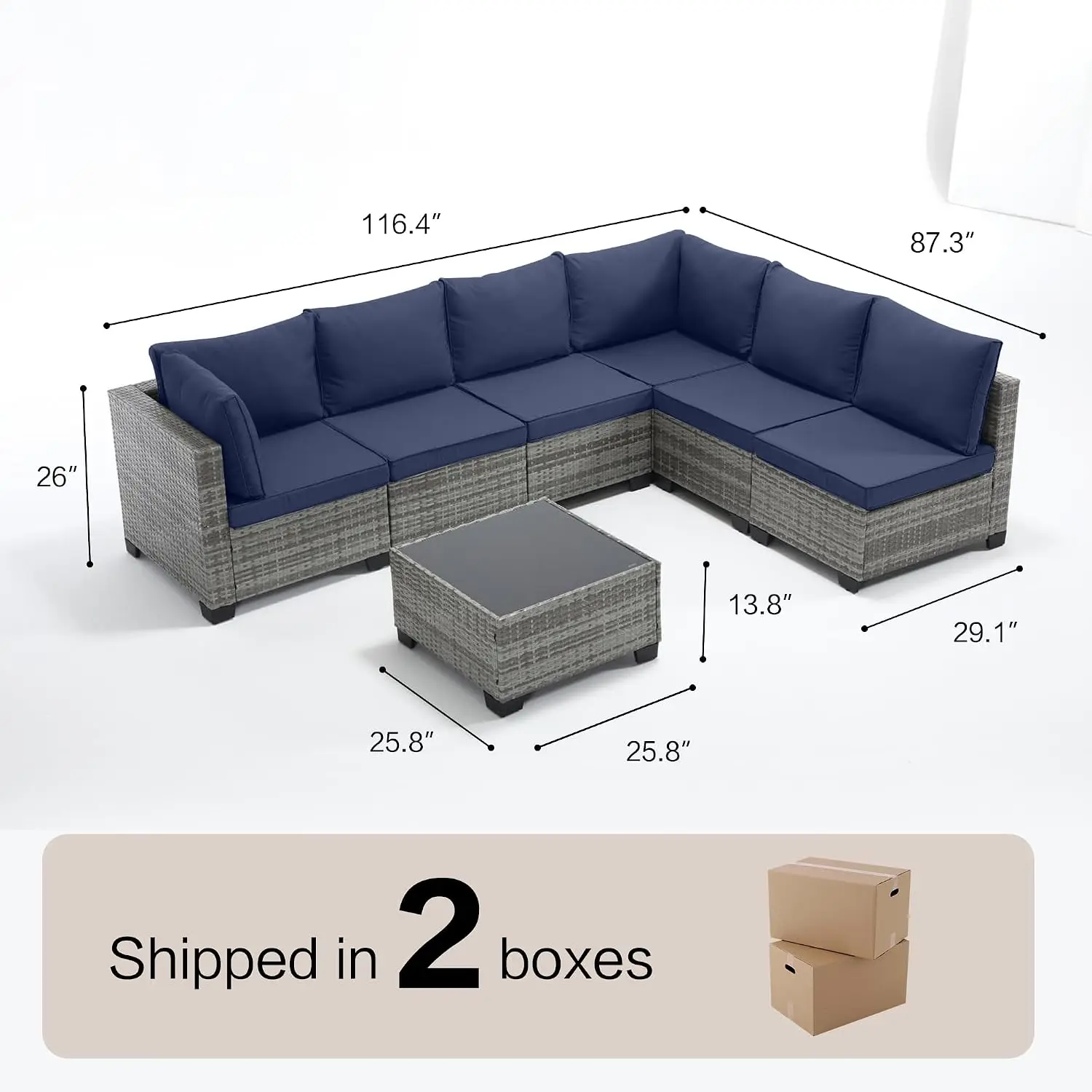7-Piece Wicker Patio Furniture Navy Blue Cushions Modular Sectional Sofa Rattan Coffee Table Patio Porch Backyard, Customized