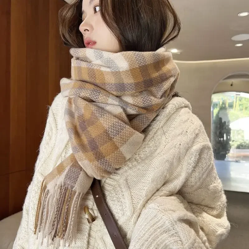 

New Arrival Korean Style Scarf Warm Thick Plush Scarf Grid Shawl Wrap Women Scarves