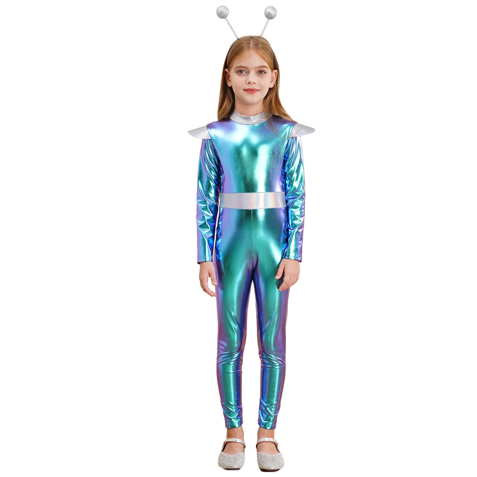 Kids Girls Alien Robot Cosplay Costume Halloween Space Astronaut Themed Party Role Play Dress Up Long Sleeve Metallic Jumpsuit