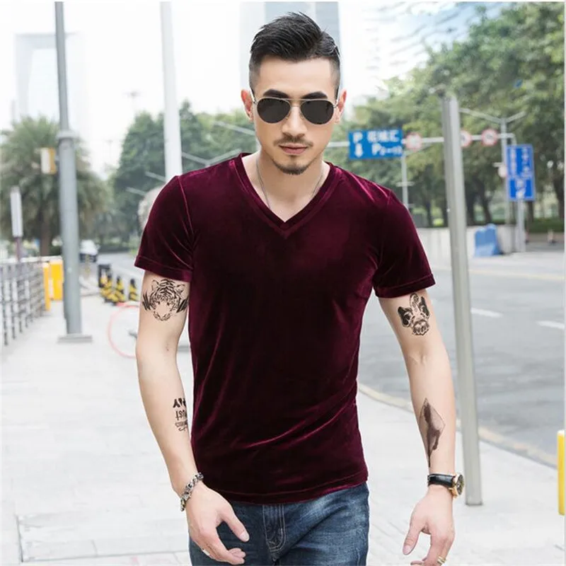 Men Vintage Velour T-Shirts 2024 Spring Summer Men\'s Solid Short Sleeve V-neck Velvet Tops Plus Size 5XL 6XL 7XL Black Blue Wine