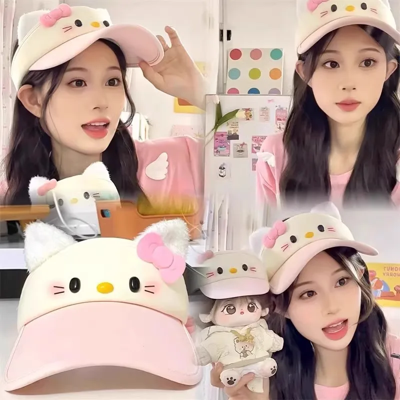 Miniso لطيف HelloKitty قبعة المرأة الصيف الأشعة فوق البنفسجية حماية الشمس قبعة فارغة أفضل قبعة المرأة قبعة الشمس قبعة الشمس