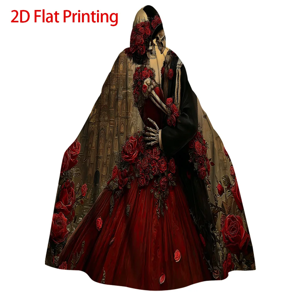 1pcs Day of the Dead Hooded Cloak Robe Spanish Tapestry Wearable Blanket with Skeletons Roses Print