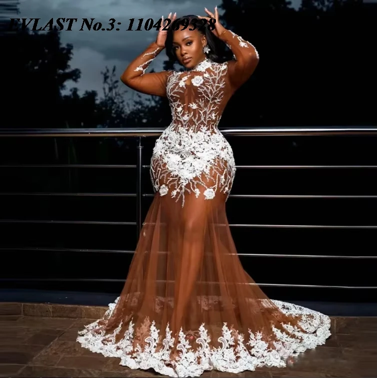 EVLAST Customized Aso Ebi Brown Mermaid Prom Dress African Transparent Lace Applique Beaded Evening Gown Robe De Soirée E3P409
