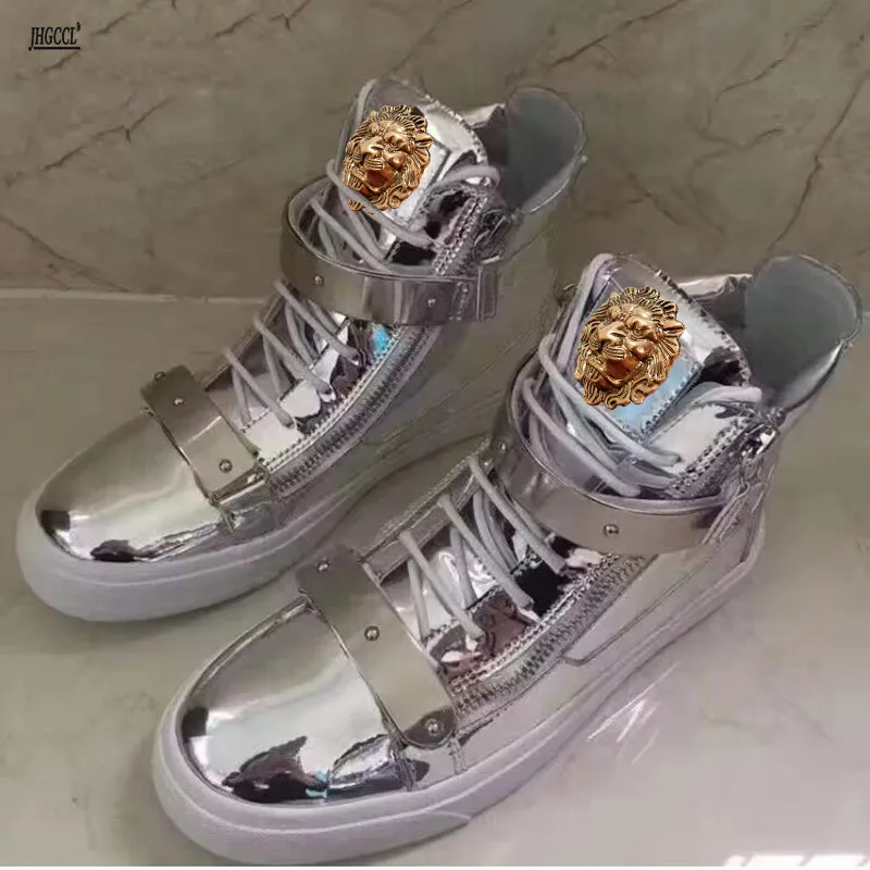 

High Top Silver Patent Leather Fashion Comfortable Casual Man Shoes Zipper Lace-Up Men Sneakers Buckle Zapatillas Hombre