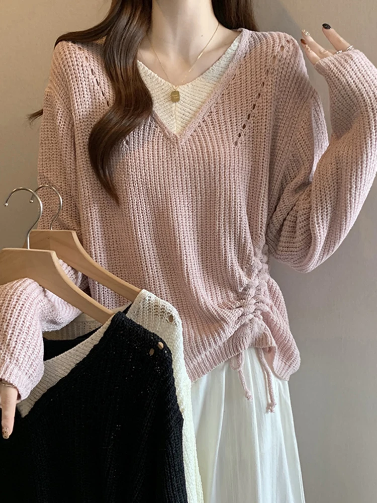 

Женский вязаный свитер с V-образным вырезом и ажурным узором, новинка весенней коллекции, с эффектом двухслойности, приталенный крой, удобный, с длинными рукавами