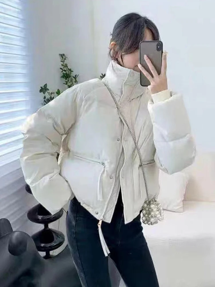 Корейская черная хлопковая куртка, пуховик, Женская куртка с воротником-стойкой и теплым хлопком, Женская свободная и универсальная зимняя куртка