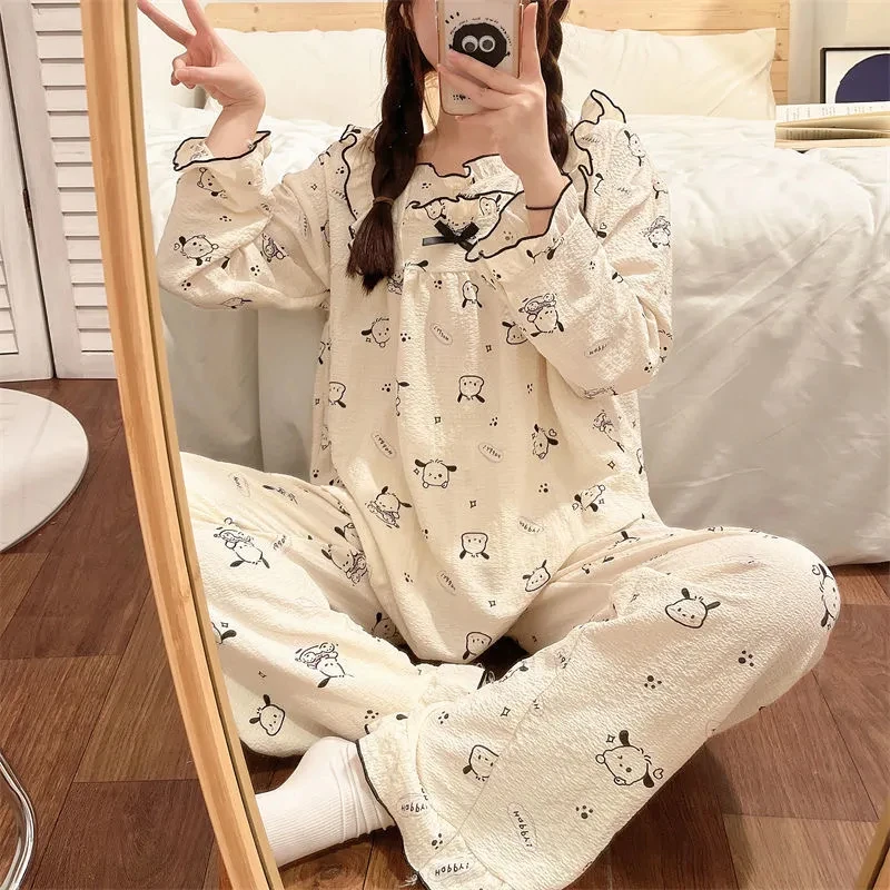 Set Piyama Wanita Kuromi Kawaii Kartun Pelajar Musim Semi dan Musim Gugur Santai Lengan Panjang Celana Panjang Longgar Pakaian Rumah Gaya Baru
