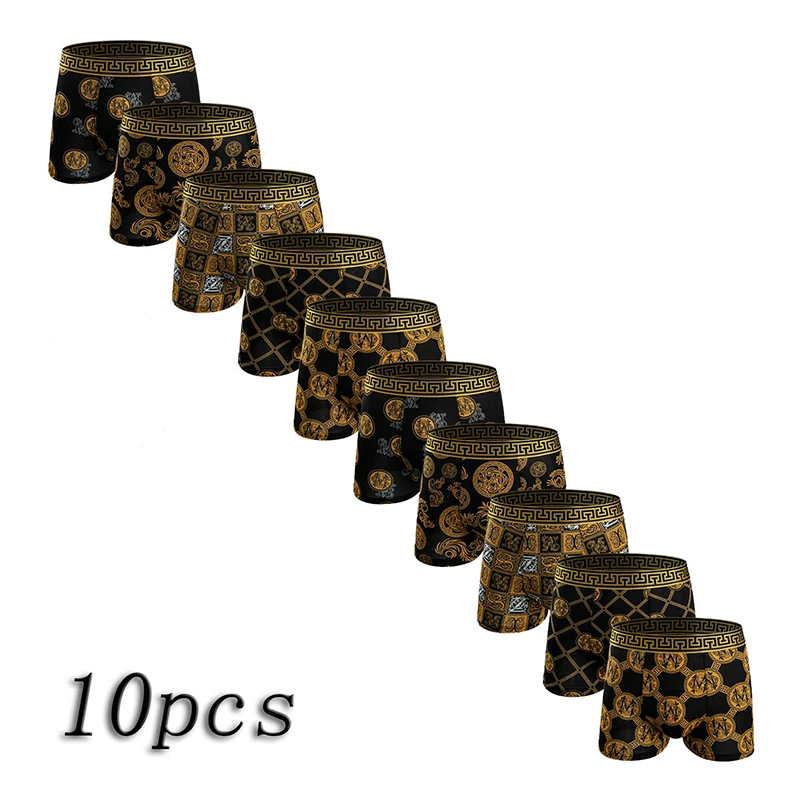 

10 Piece Set Of Men's Black Gold Printed Boxer Shorts, Summer Breathable And Comfortable Underwear, Men's Casual Underwear