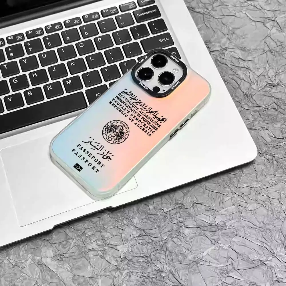 1 قطعة جواز السفر الجزائر جراب هاتف ليزر IMD اللون فضي شل آيفون 17 16 15 14 13 12 11 الهواء برو ماكس زائد