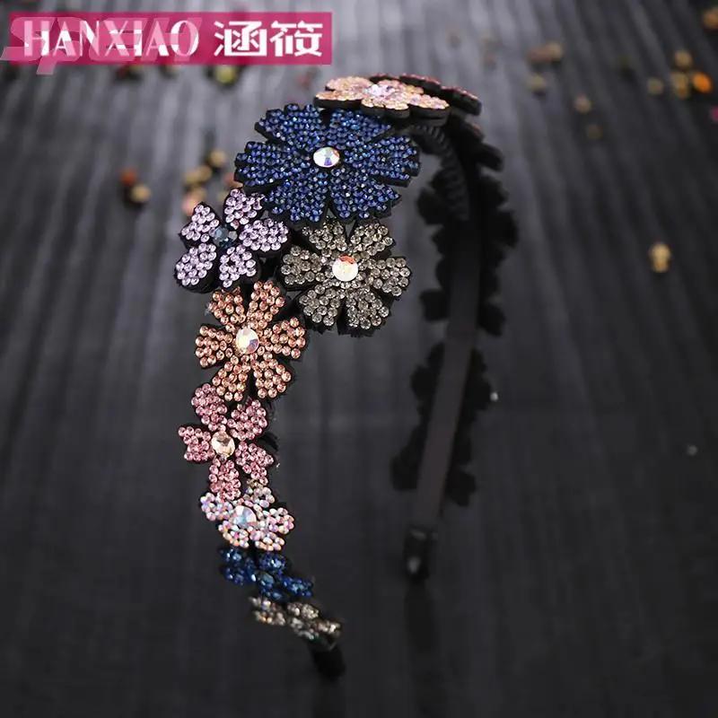 Hair hoop double flower hair accessories wob hairpin leather with wide sideband antiskid teeth stereo hairpin Czech diamond