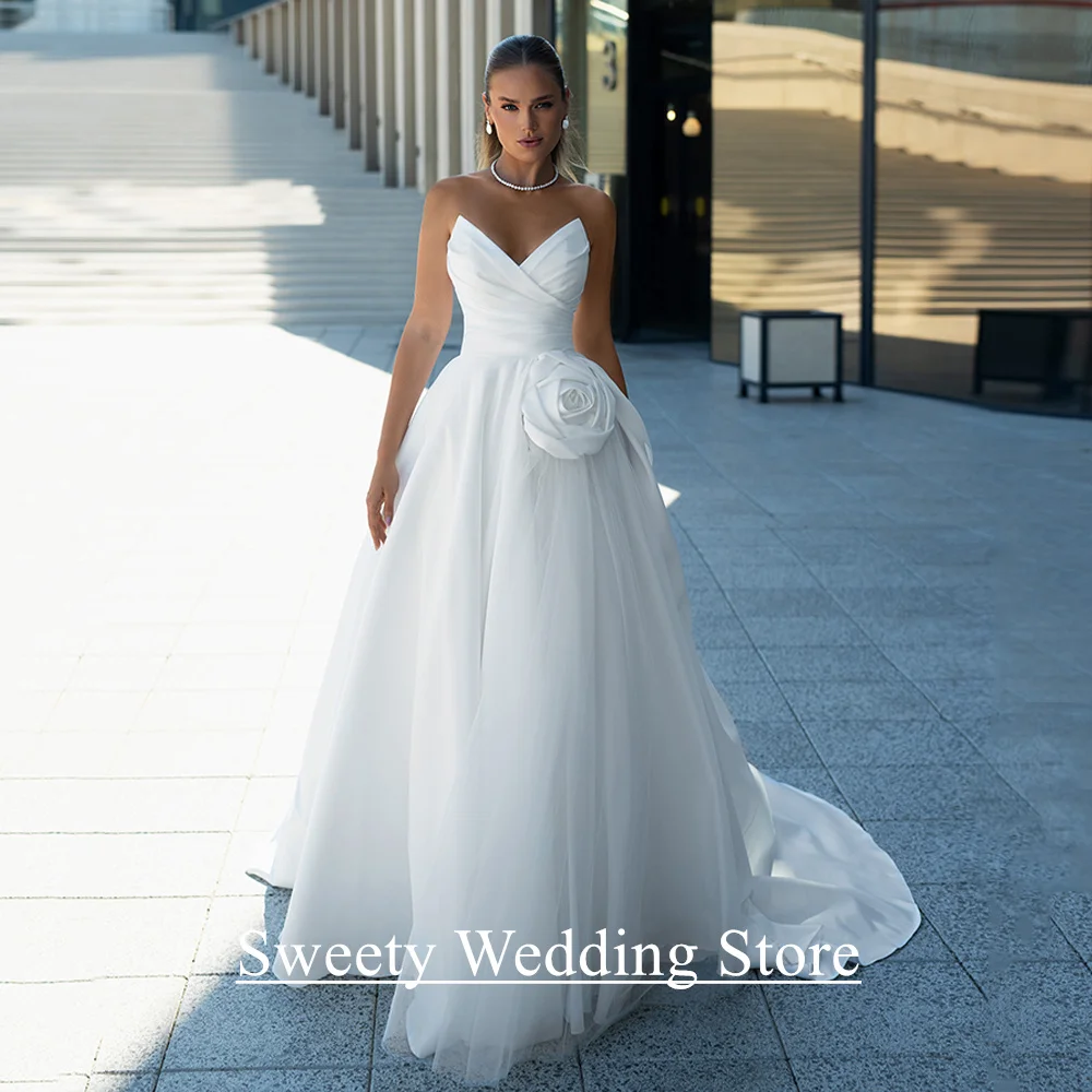 

Сексуальные свадебные платья с корсетом по индивидуальному заказу, с v-образным вырезом, со складками и цветком, трапециевидной формы, со шлейфом, простое пляжное свадебное платье, халат Mariee