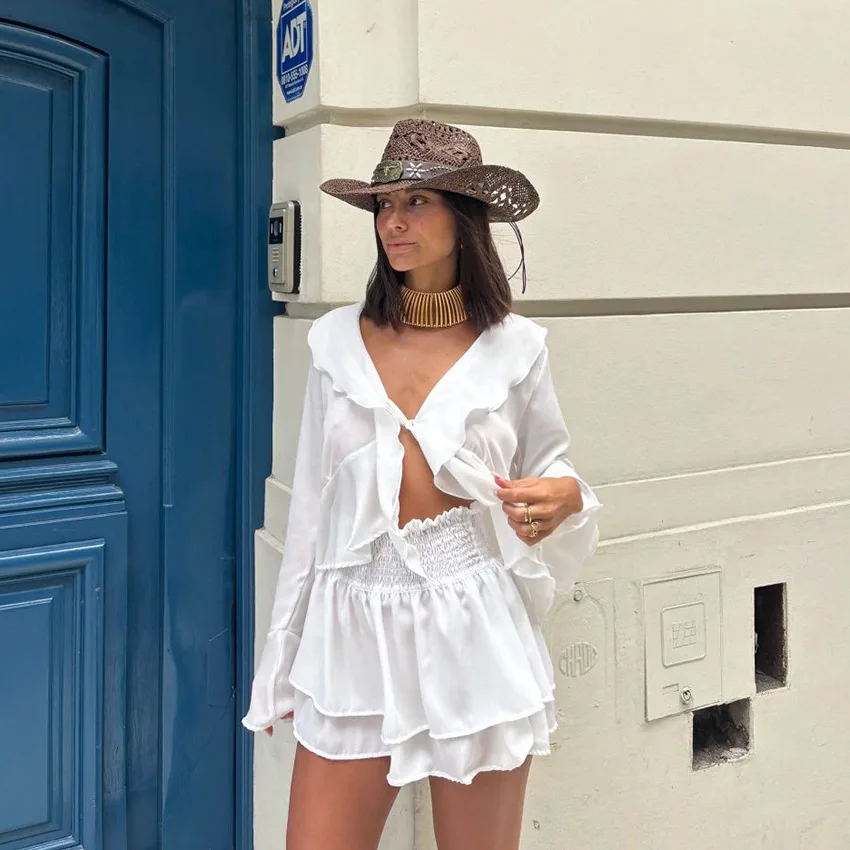 

French Vintage White Chiffon 2 Piece Set Women Summer Sexy Ruffle V-Neck Tie Front Top Layer Skirt Set Elegant Boho Beach Outfit