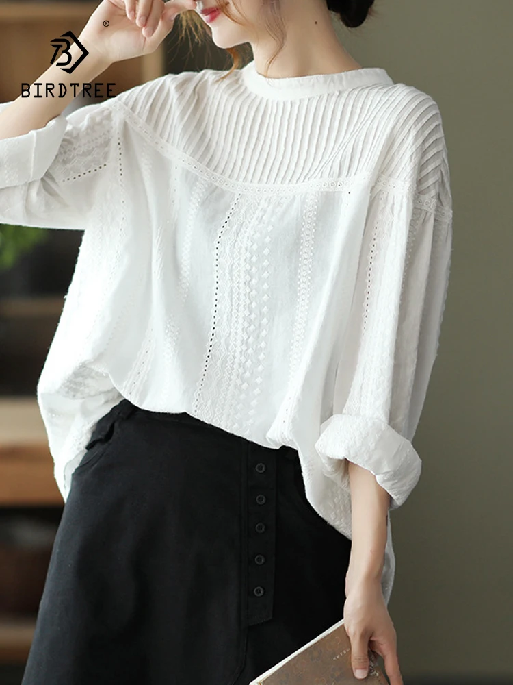 

New Spring Cotton Solid Shirt Women Stand Long Sleeve Literature Top Girl Sweet Lace Hollowed Out Blouses 2024 Autumn T43975QC