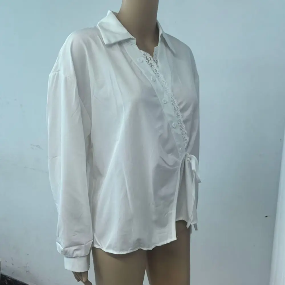 

V-neck Irregular Diagonal Tie T-shirt Patchwork Retro Lace Long Sleeve Blouse Chic Crop Top Basic Tees Shirts Women Summer