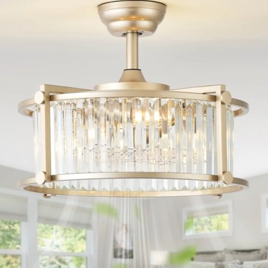 20 Gold Crystal Fandelier Ceiling Fan with Light and Remote, Industrial Caged Design, 6 Speeds, for Bedroom Nursery Living Room