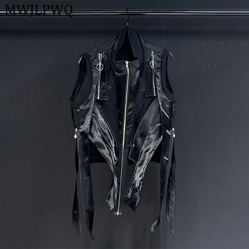 

MWJLPWQ 2025 New Black Deconstructed Ribbon Vest Male High Street Zipper Metal Design Sense Unisex Loose Casual Short Tops 11147