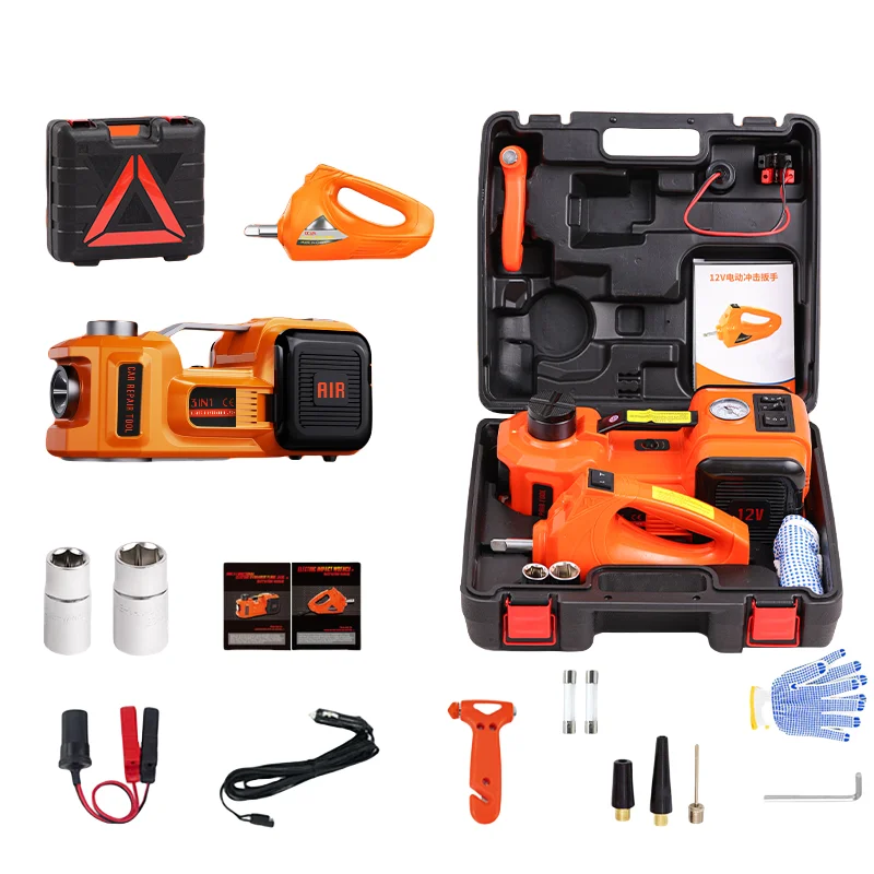 3 in 1 Wholesale Electric Car Jack Lift Kit with Inflator LED Light Impact Wrench 12V 5Ton 45cm Floor Jacks for Car Lift Repair