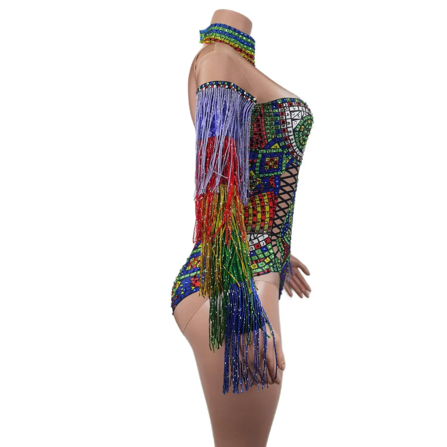 Sexy Multi-color Rhinestones Tassel Bodysuit Nightclub Dancer Party Stage Wear Pole Dance Fringe Crystal Leotard Costume Cizhuan