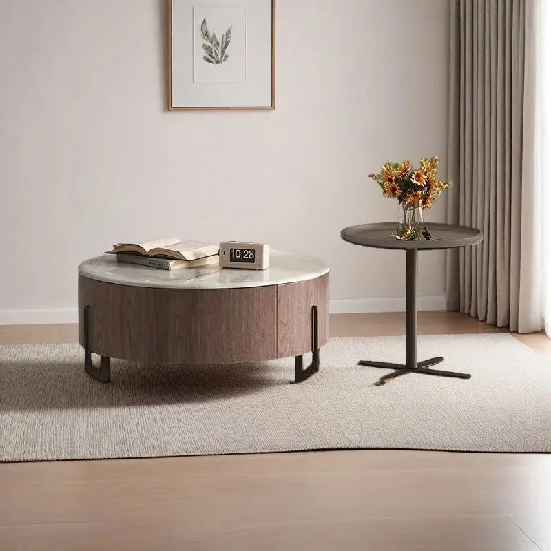 Juego de mesa de centro redonda con tapa de mármol y madera de lujo moderna, sofá para sala de estar con cajones, diseño de muebles multifuncionales