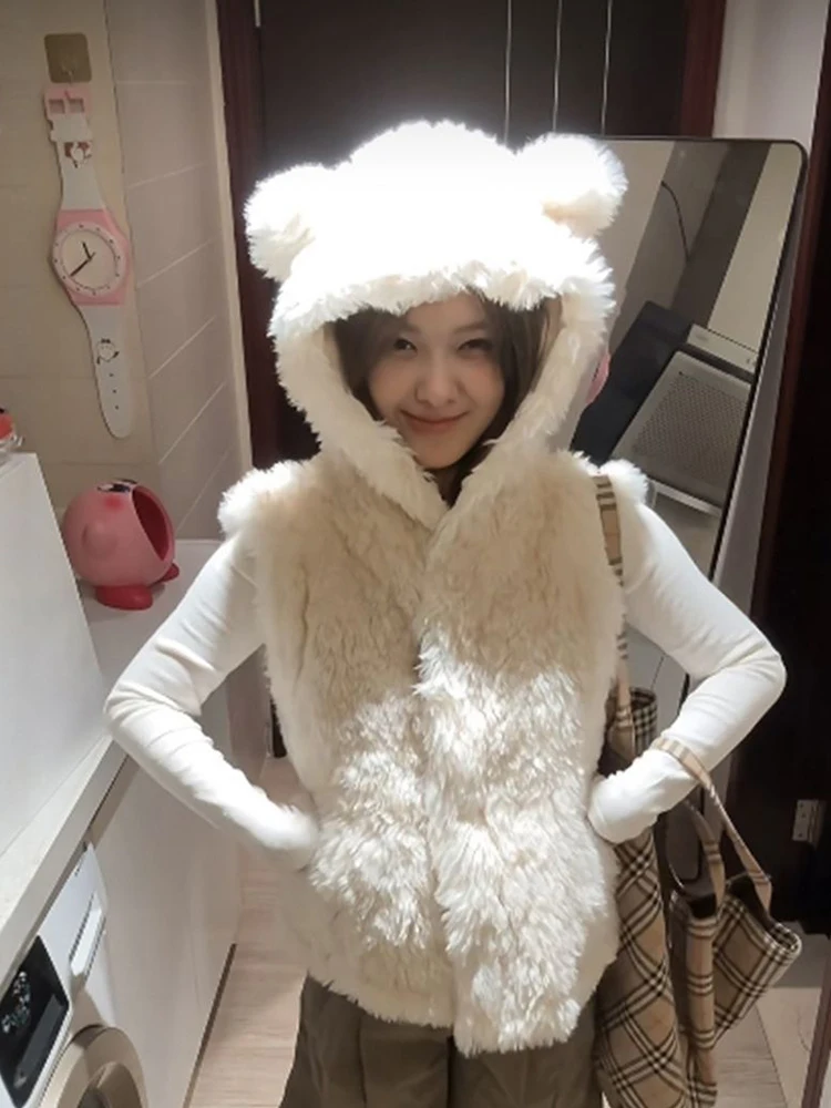 

Zoki милый жилет из искусственного ягненка, женский милый тонкий теплый жилет с медвежьими ушками, кавайный жилет, модный женский жилет без рукавов в японском стиле