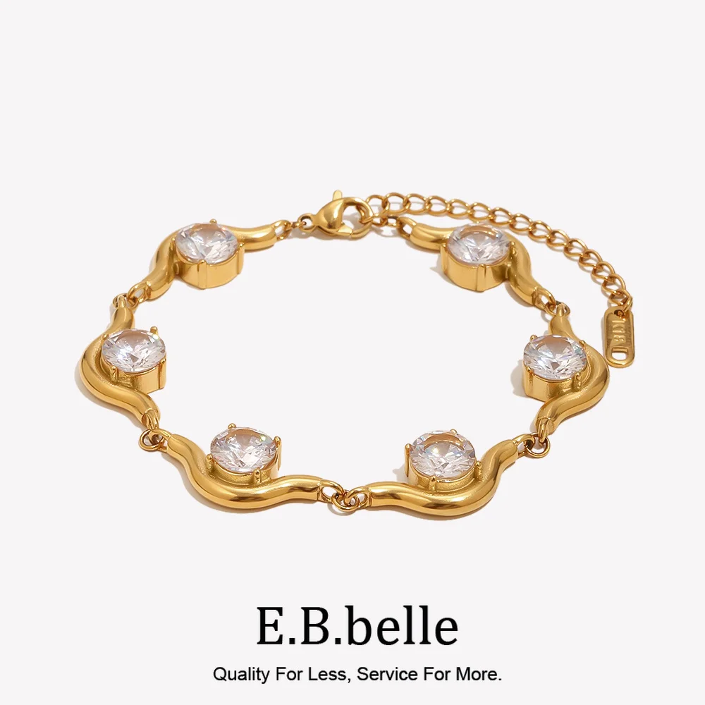 E.B.belle 18K Gold Plated Wavy Chain CZ Bracelet Waterproof Stainless Steel Link Bracelet For Women Elegant Fashion Jewelry Gift