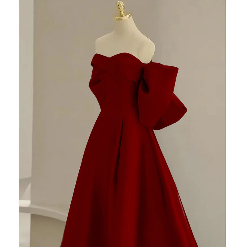 Cute Sexy Strapless Burgundy Wedding Dress Elegant Back BigBow A-Line Maxi Dress Formal Party Dress Sweet Princess Banquet Dress