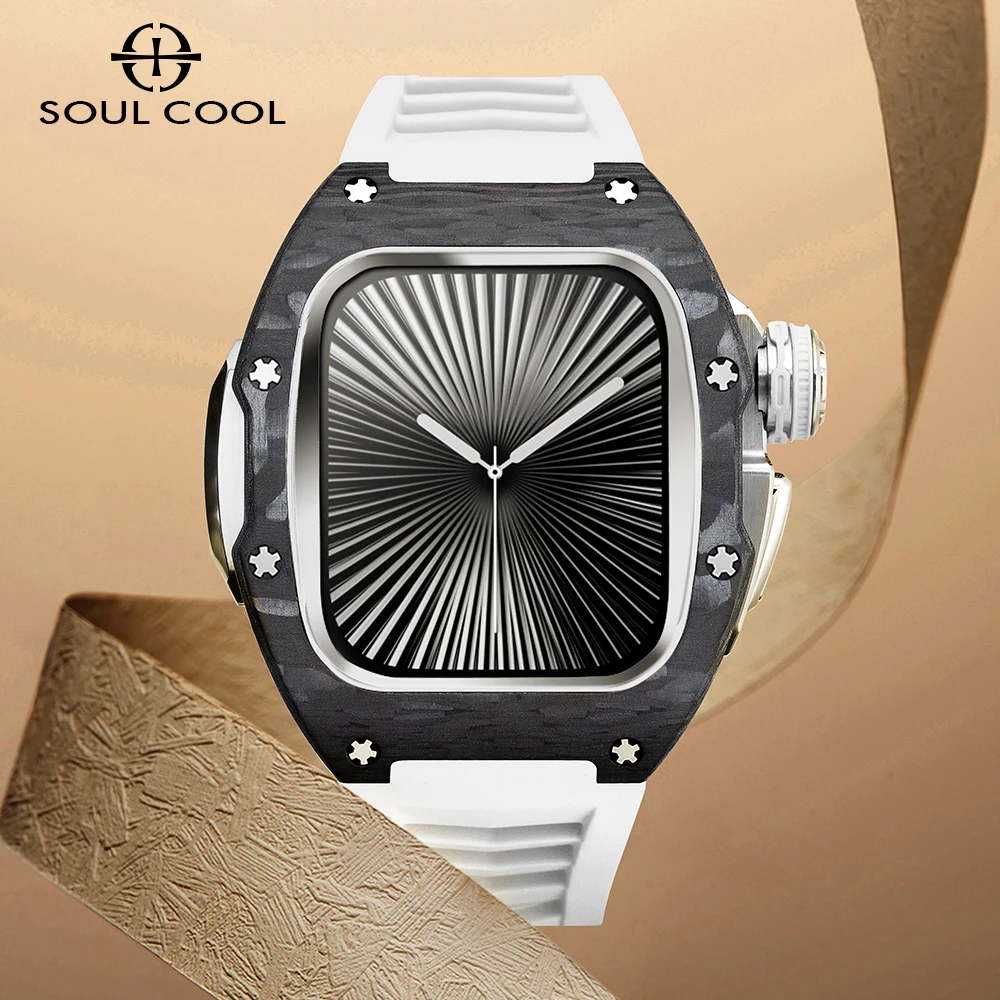 

Чехол из углеродного волокна для Apple Watch S10 42 мм, защитный чехол, роскошный комплект модов, модный ремешок из фторкаучука, аксессуар для iWatch