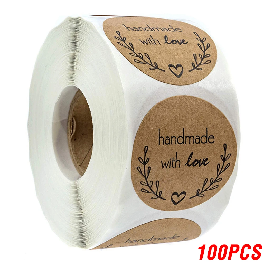 100-500 Stuks 1Inch Vintage Kraftpapier Handgemaakt Met Liefde Stickers Voor Pakket Dank U Briefpapier Zelfklevende Etiketten bakken Seals