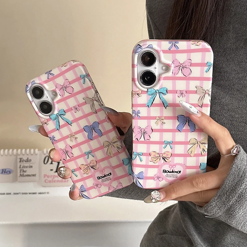 

Korean Ins Cute Bow Plaid Pattern Phone Case For iPhone 16 Pro 14 13 15 Pro Max Back Cover TPU Silicone Shockproof Cases Funda