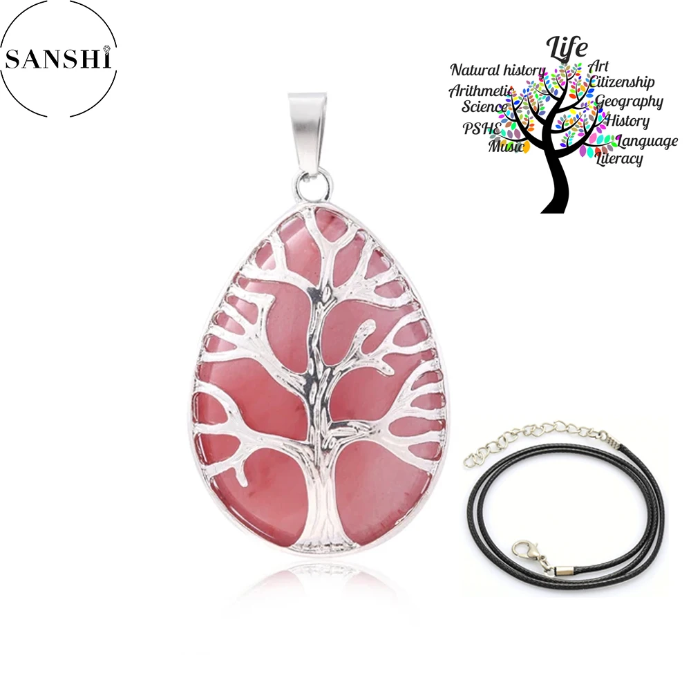 7 Chakra Stone Tree of Life Pendant Natural Water Drop Necklaces Rose Crystal Pink Quartz Amethyst Lapis Lazuli Tiger Eye Gifts