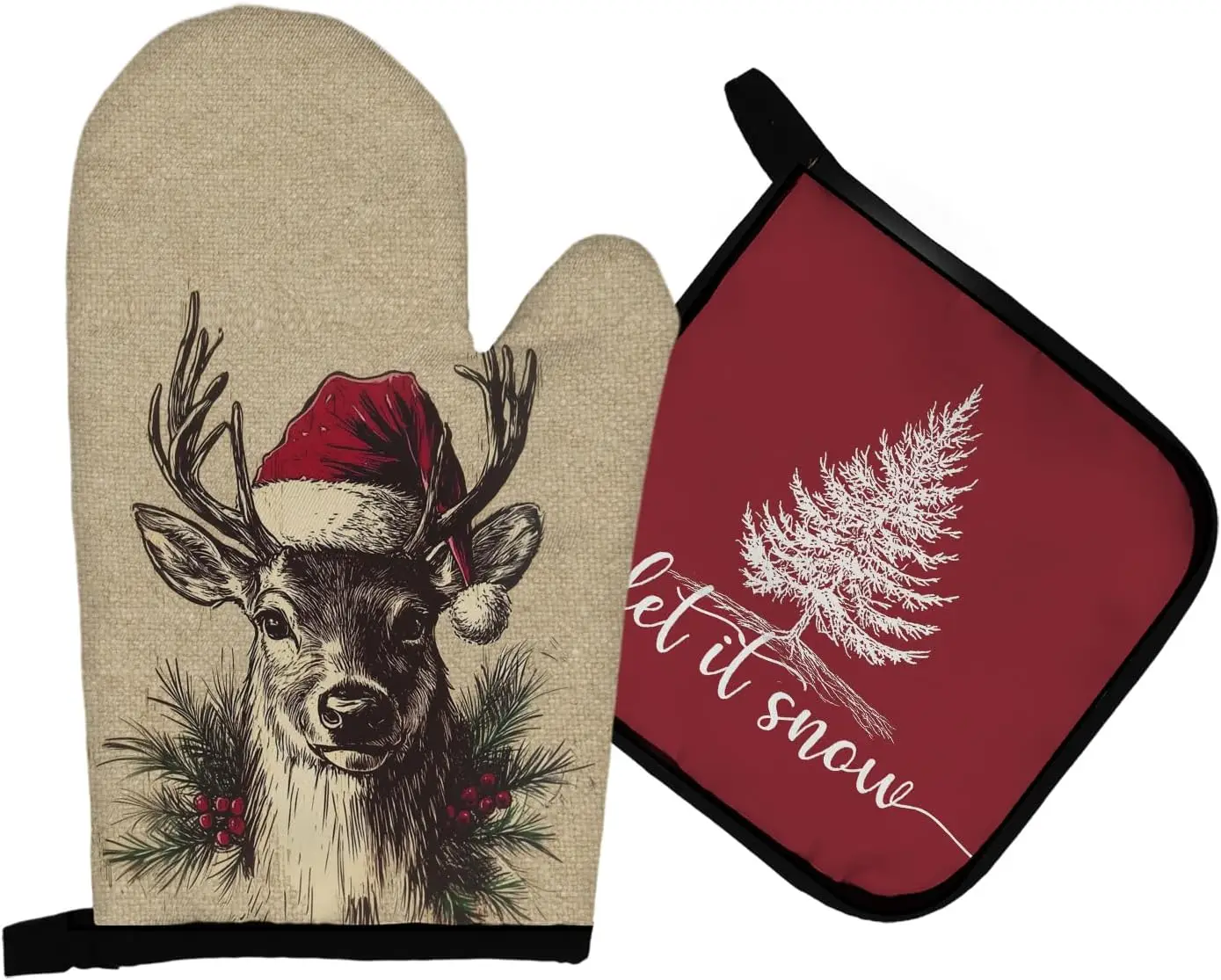 Christmas Oven Mitts and Pot Holders Sets, Let It Snow Christmas Tree Deer Heat Resistant Potholder Kitchen Decor for Cooking