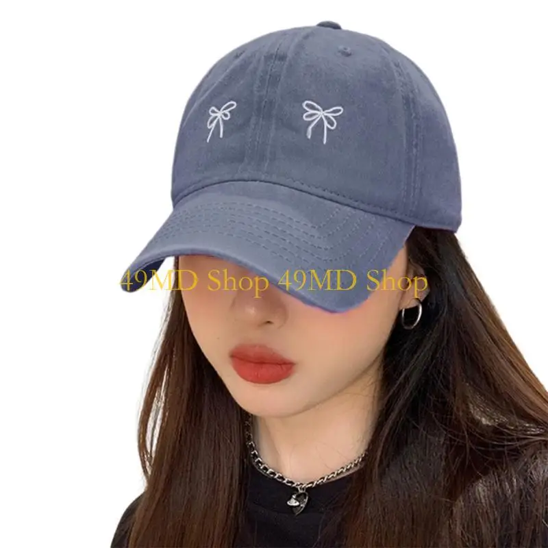 49MD Distressed Baseball Hat for Girls Woman Delicate Embroidery Bowknot Baseball Hat