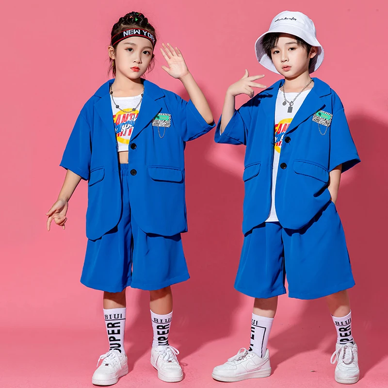 Modern Hip Hop Dance Clothes For Kids Blue Short Sleeved Suit Girls Boys Jazz Performance Outfit Concert Festival Outfit BL8642