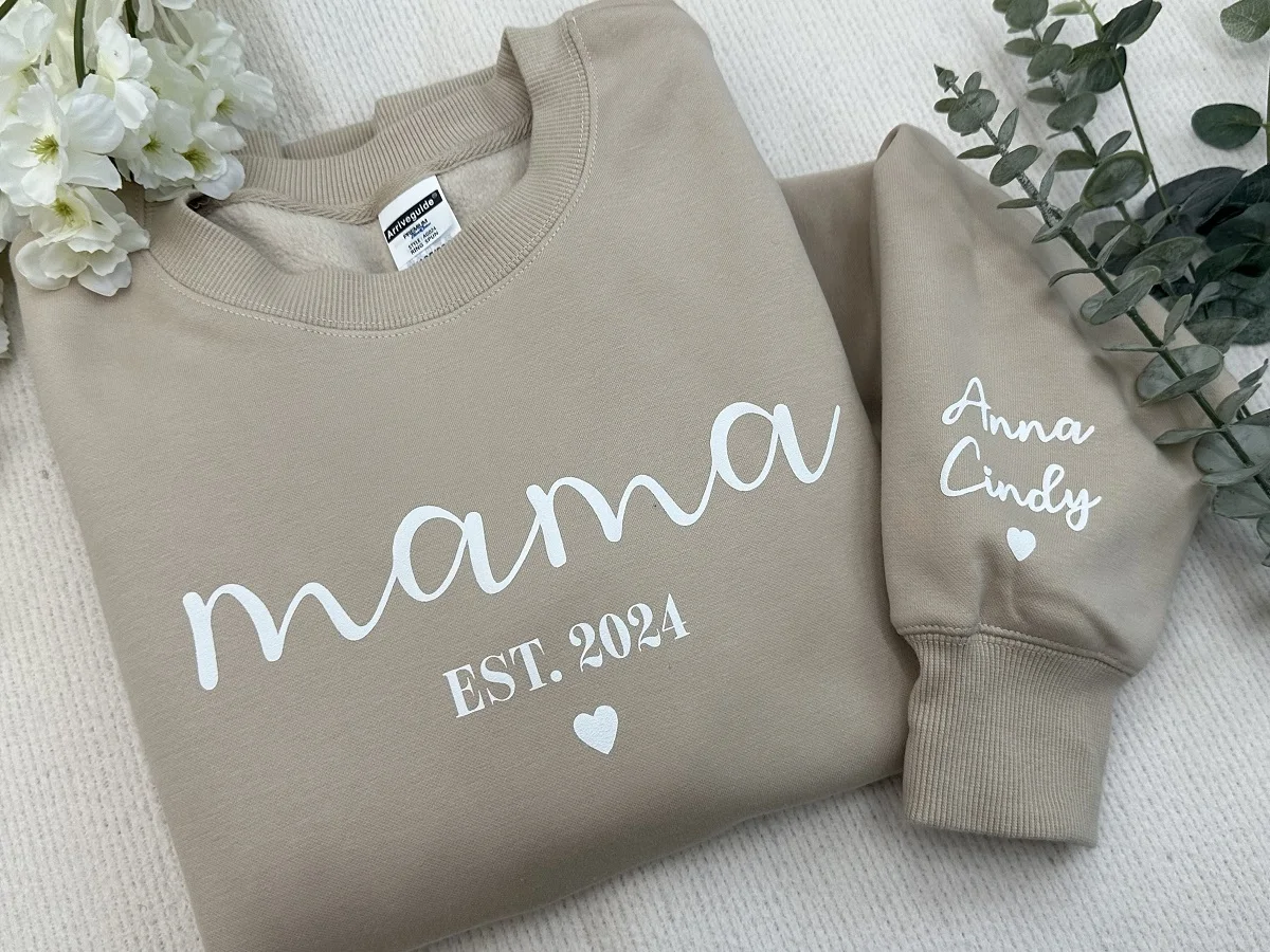 Personalized Mama Est Sweatshirt with Kid Names on Sleeve, Mothers Day Gift, Birthday Gift for Mom, New Mom Gift, Minimalist Mom