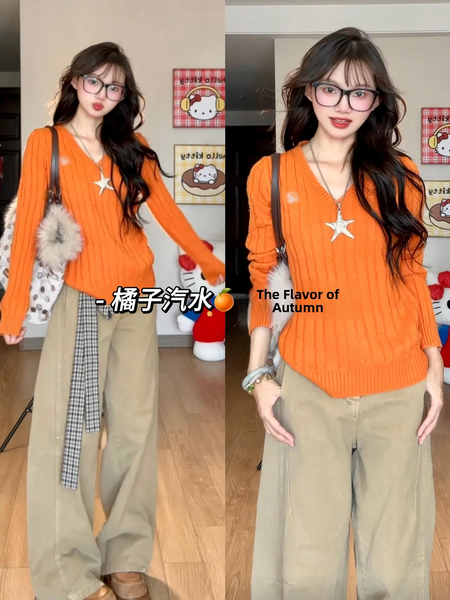 

Dopne оранжевый вязаный свитер женский V-Ne Long Sve Slim Fit Twist корейский повседневная одежда осень новое поступление