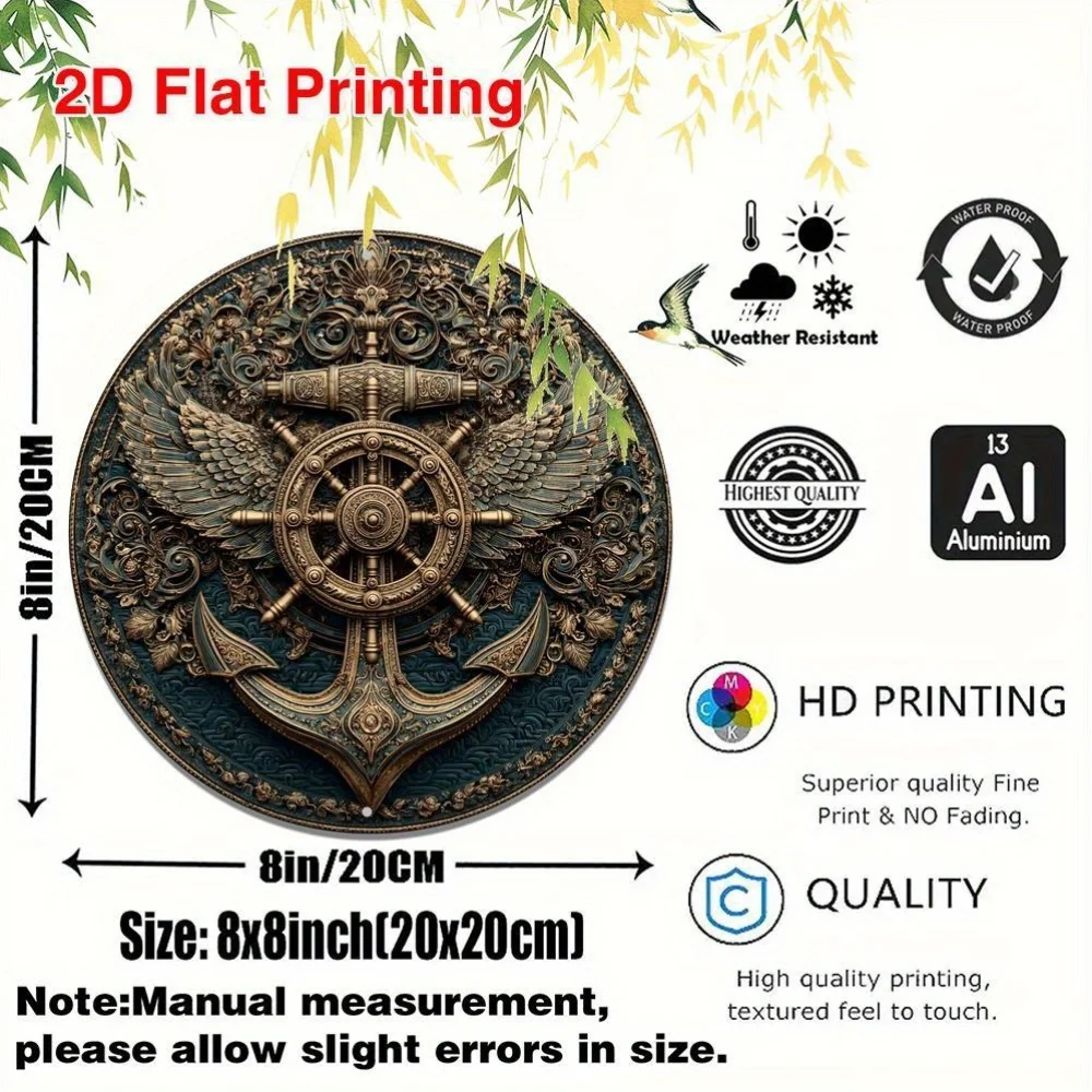 2D Flat, 2D Flat 2D Plane, 1pc Vintage Aluminum Wall Art - 8x8 Inch Round Sign, Intricate Compass and Moor Design, Rustic Decor