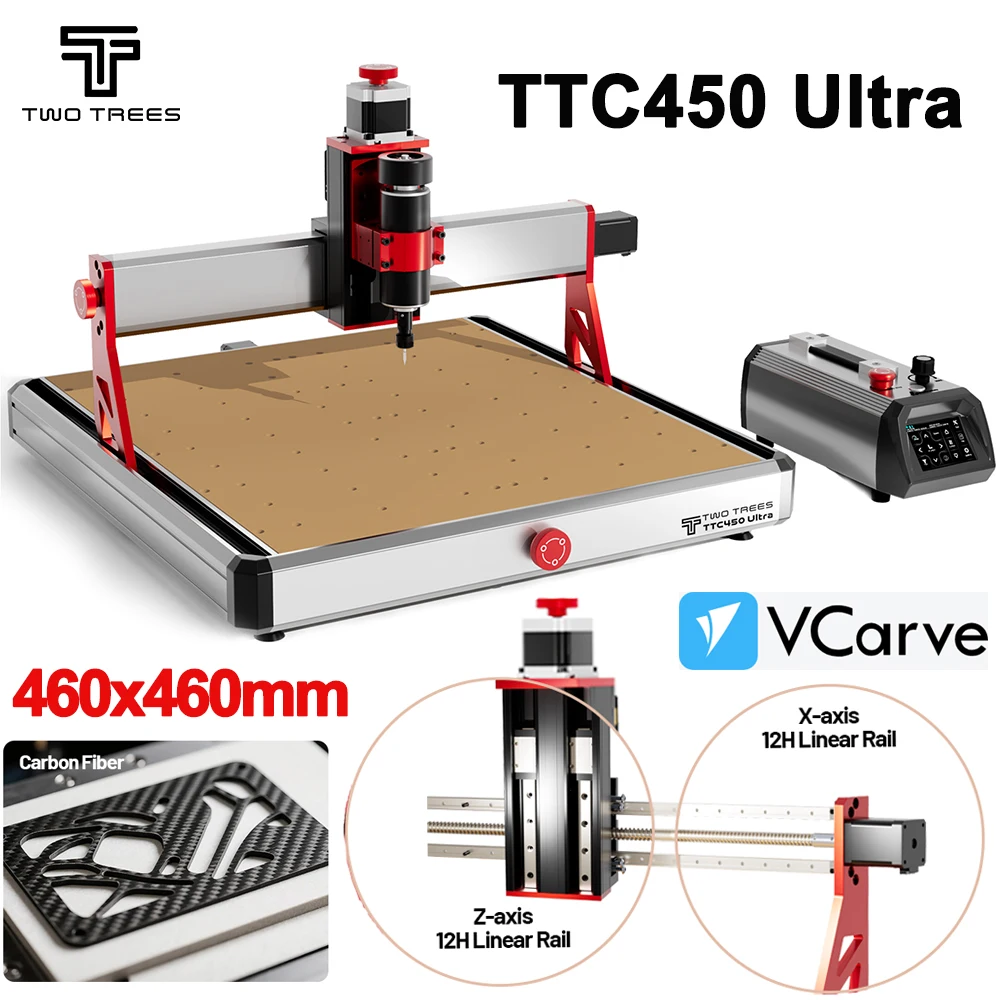 Twotrees TTC450 Ultra 3/4 Axis CNC Milling Cutting Machine CNC Router 12H Metal Slides 460x460MM Laser Engraving Machine