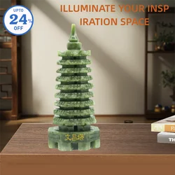 WenChang Pagoda Jade Carving Ornament 9 Layers 14cm Cyan Jade, Topaz -Home living room bedroom office decoration Feng ShuiPagoda