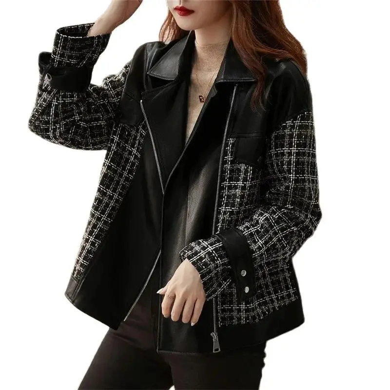 

Fashion Plaid Tweed Spliced Leather Jacket Women's Short Coat Lady Streetwear Loose Tops Zip-up Thicken Outerwear Autumn Winter