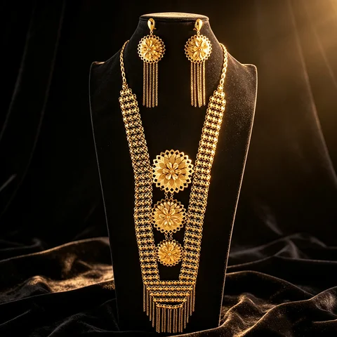 Set di Gioielli da Sposa Africani di Lusso Placcato Oro 24K con Tre Fiori, Collana Lunga e Orecchini, Regalo per Banchetti e Matrimoni