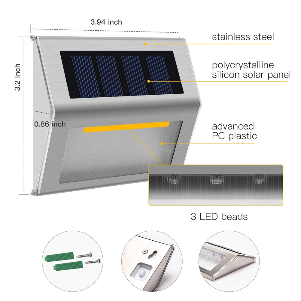 

Solar Garden Light Led Lights Outdoor Wall Powered Lamp Stainless Steel Path