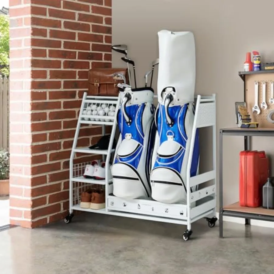 

Golf Bag Organizer Garage Storage Rack Stand for 2 Golf Bags Club Accessories Shed Basement Storage Durable Black Metal with He