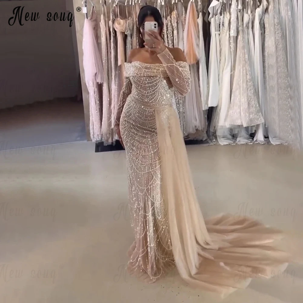 

Shiny Champagne Long Sleeve Evening Dress With Tulle Overskirt Arabic Wedding Party Gowns 2024 Off Shoulder Beading Formal Gowns