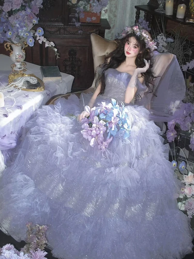 

Dreamy Sweet Princess Style Purple Forest System Puffy Skirt Personal Birthday Korean Style Photography Tulle Dress