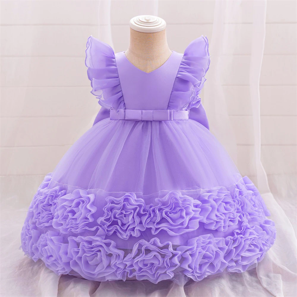 Big Flower Pink 1st Birthday Dress For Baby Girl Clothes Lace Princess Baptism Dress Girls Dresses Party Wedding Gown 0-4 Year