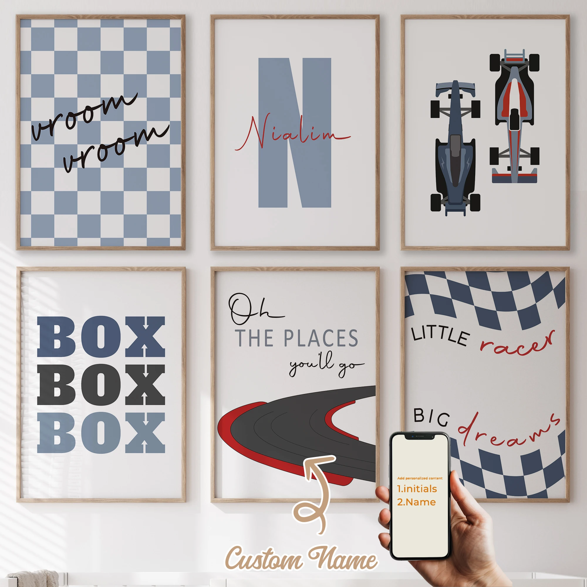 

3Pcs/6pcs Personalized Custom Name Cute Cartoon Racing Car Wall Art Print Picture For Living Room Kids Boy Room Home Decor Gift